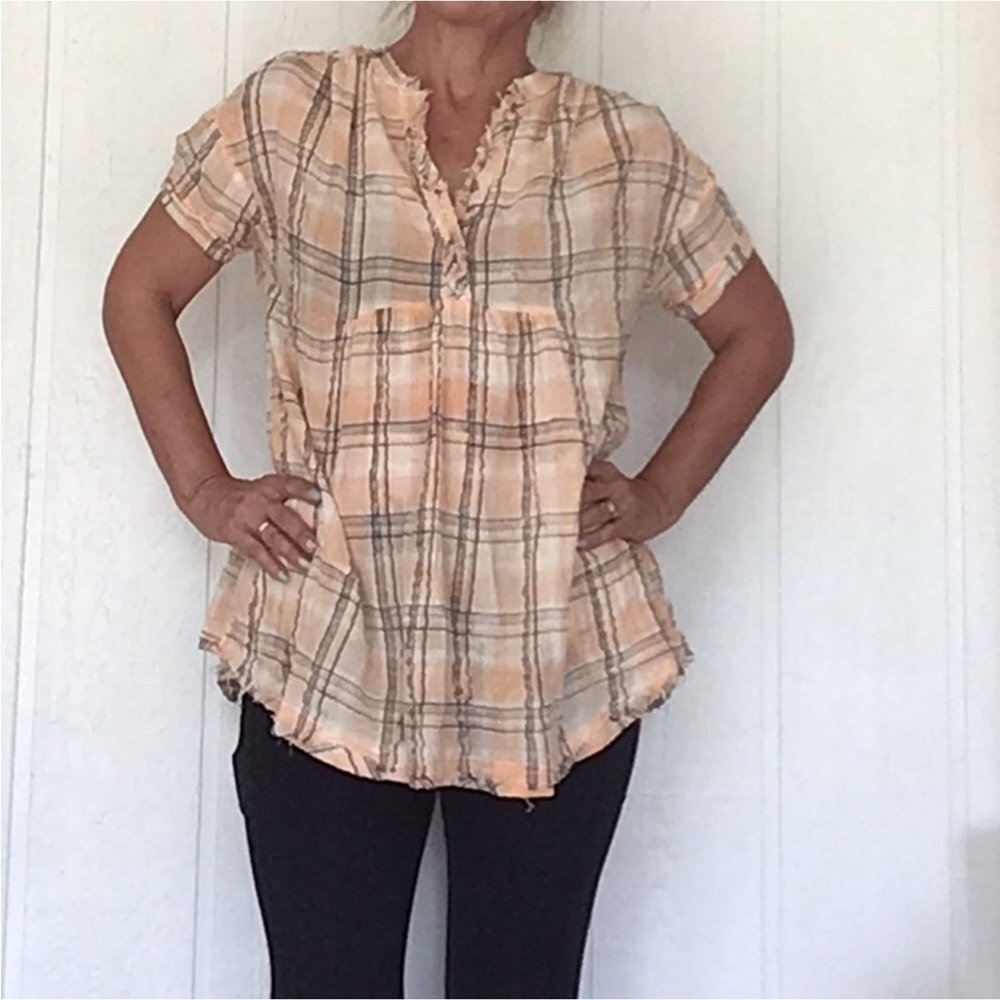 Free People Orange Pink Short Sleeve Blouse with Mandarin Collar size small